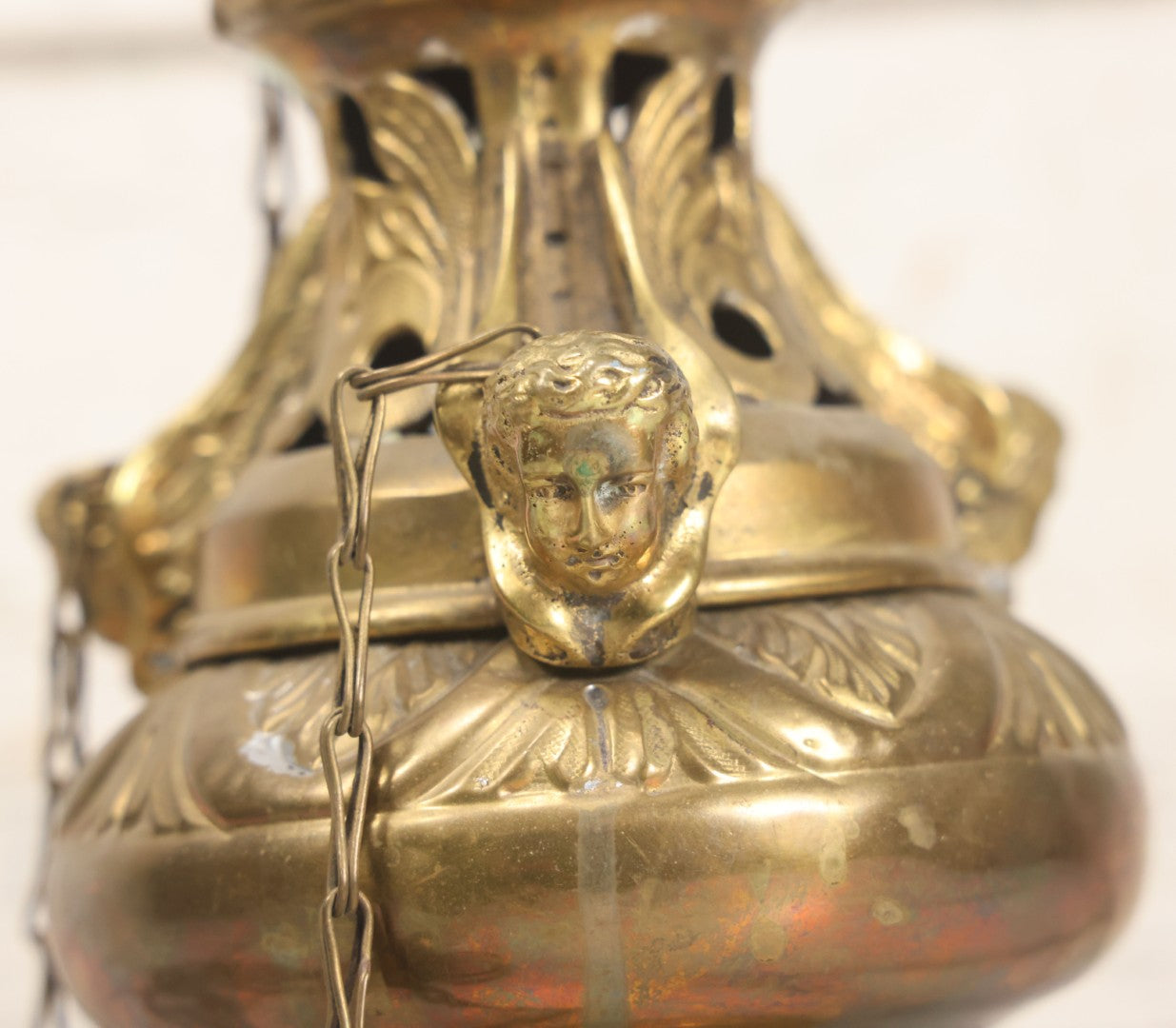 Lot 015 - Vintage Brass Church Censer Incense Burner With Cherub Figureheads, Hanging Chains, Circa Early 20th Century