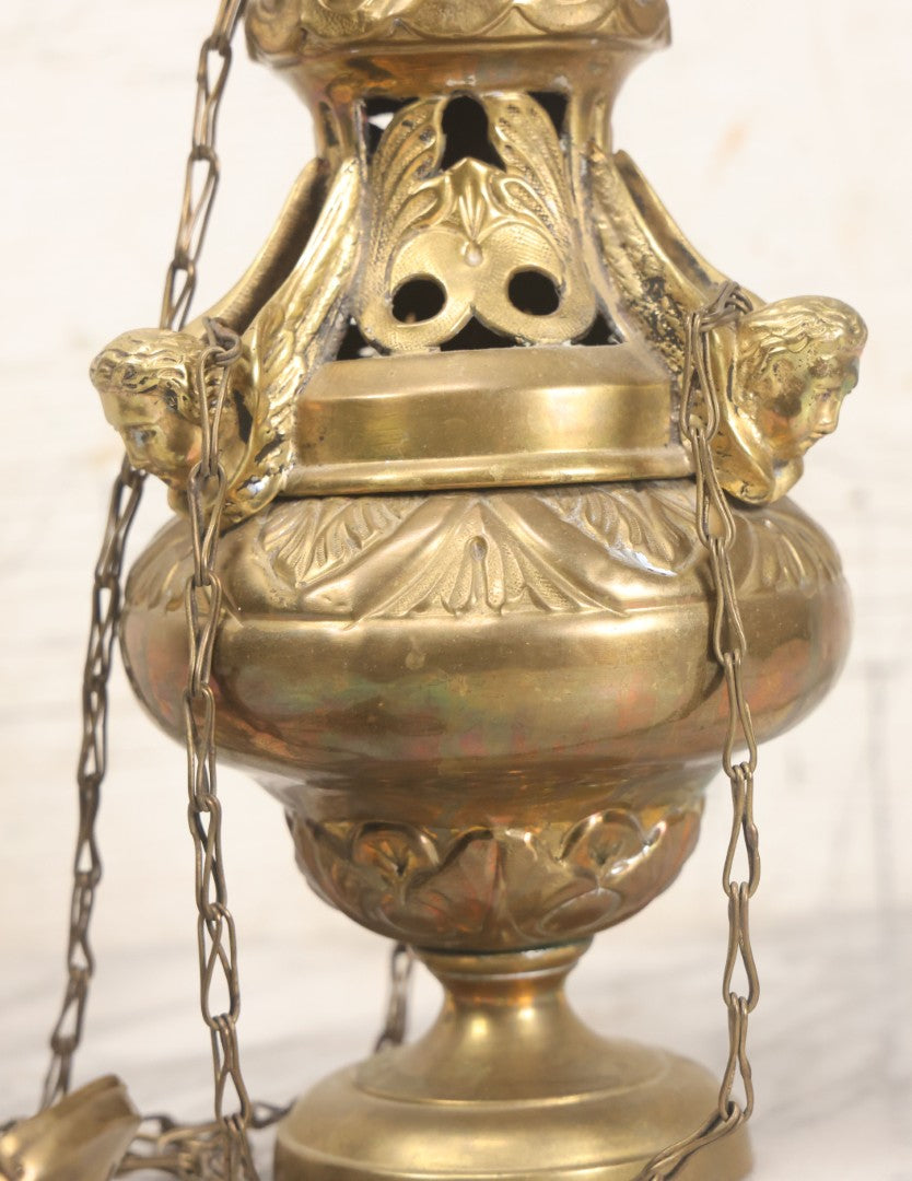 Lot 015 - Vintage Brass Church Censer Incense Burner With Cherub Figureheads, Hanging Chains, Circa Early 20th Century