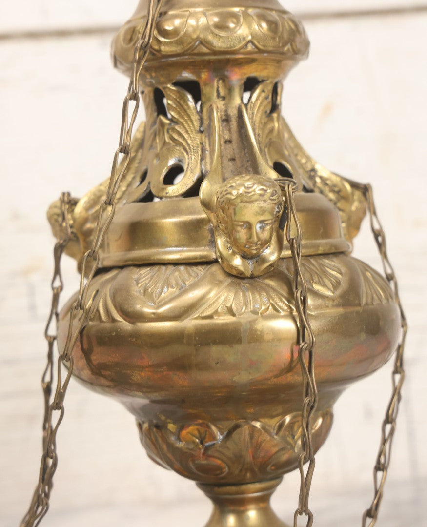 Lot 015 - Vintage Brass Church Censer Incense Burner With Cherub Figureheads, Hanging Chains, Circa Early 20th Century