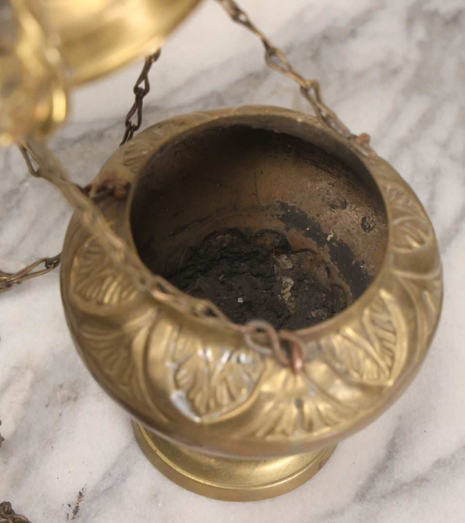 Lot 015 - Vintage Brass Church Censer Incense Burner With Cherub Figureheads, Hanging Chains, Circa Early 20th Century