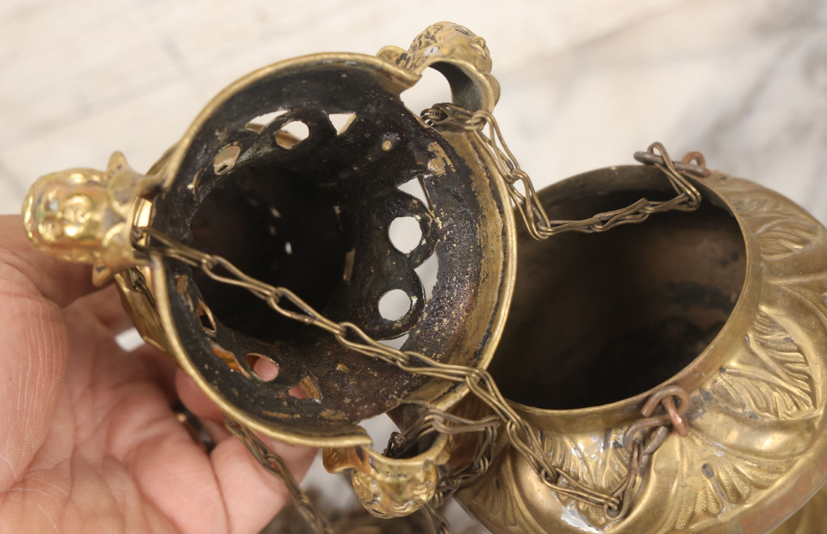 Lot 015 - Vintage Brass Church Censer Incense Burner With Cherub Figureheads, Hanging Chains, Circa Early 20th Century
