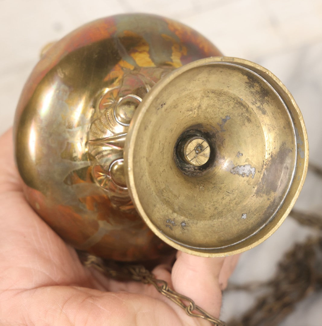 Lot 015 - Vintage Brass Church Censer Incense Burner With Cherub Figureheads, Hanging Chains, Circa Early 20th Century