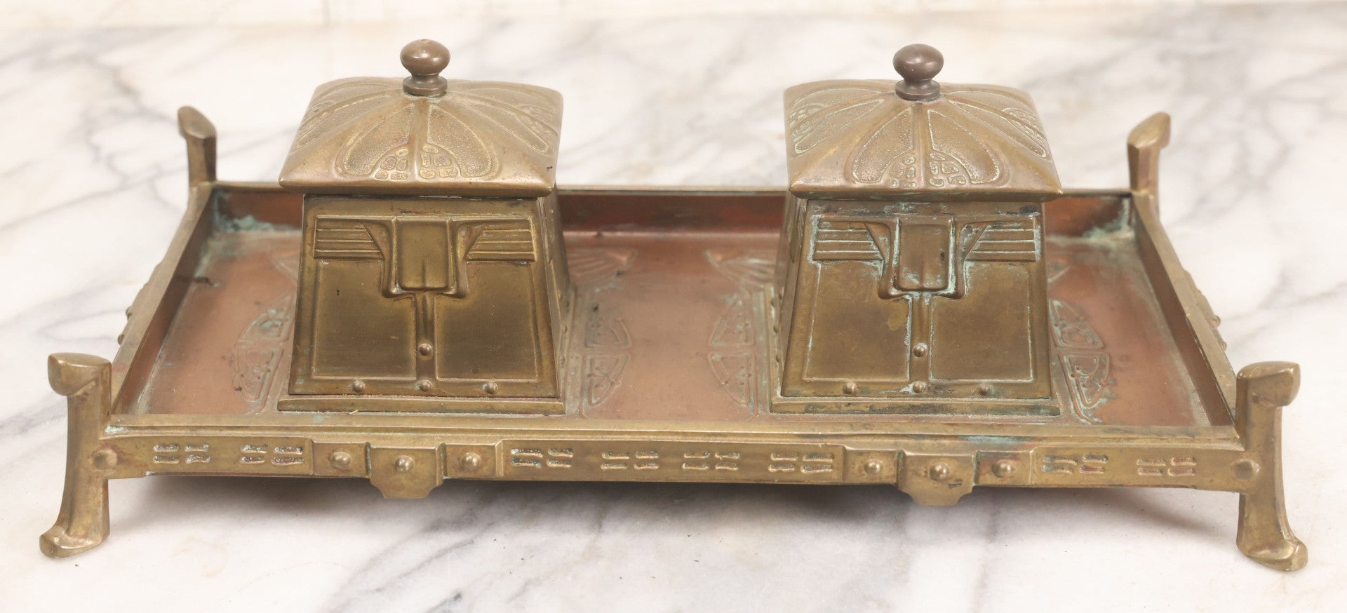 Lot 016 - Antique Arts And Crafts Art Deco Brass And Copper Double Inkwell With Hinged Lids, One Glass Insert, And Natural Patina 