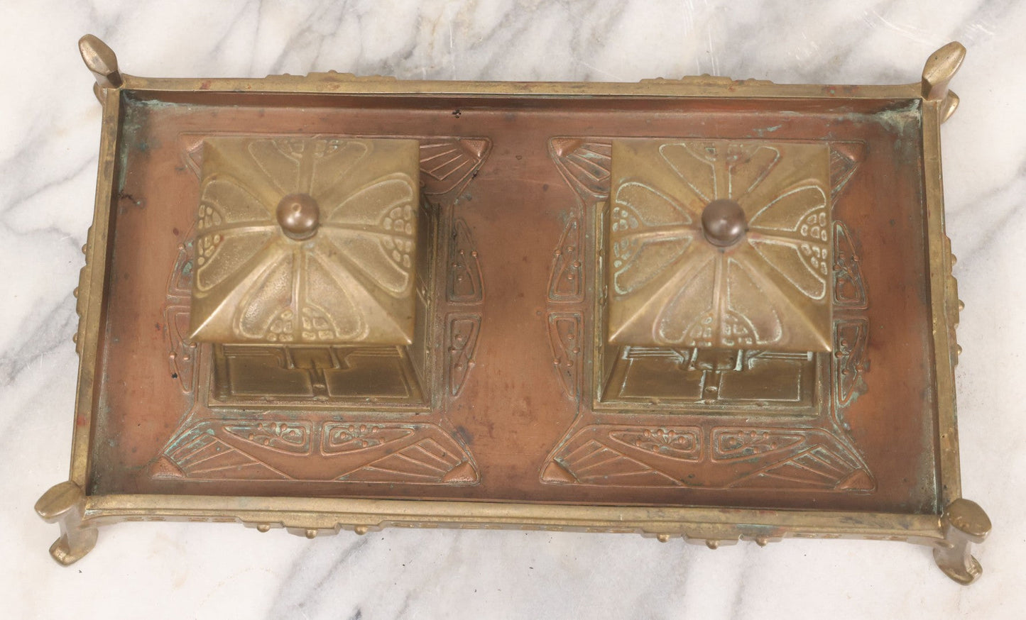 Lot 016 - Antique Arts And Crafts Art Deco Brass And Copper Double Inkwell With Hinged Lids, One Glass Insert, And Natural Patina 