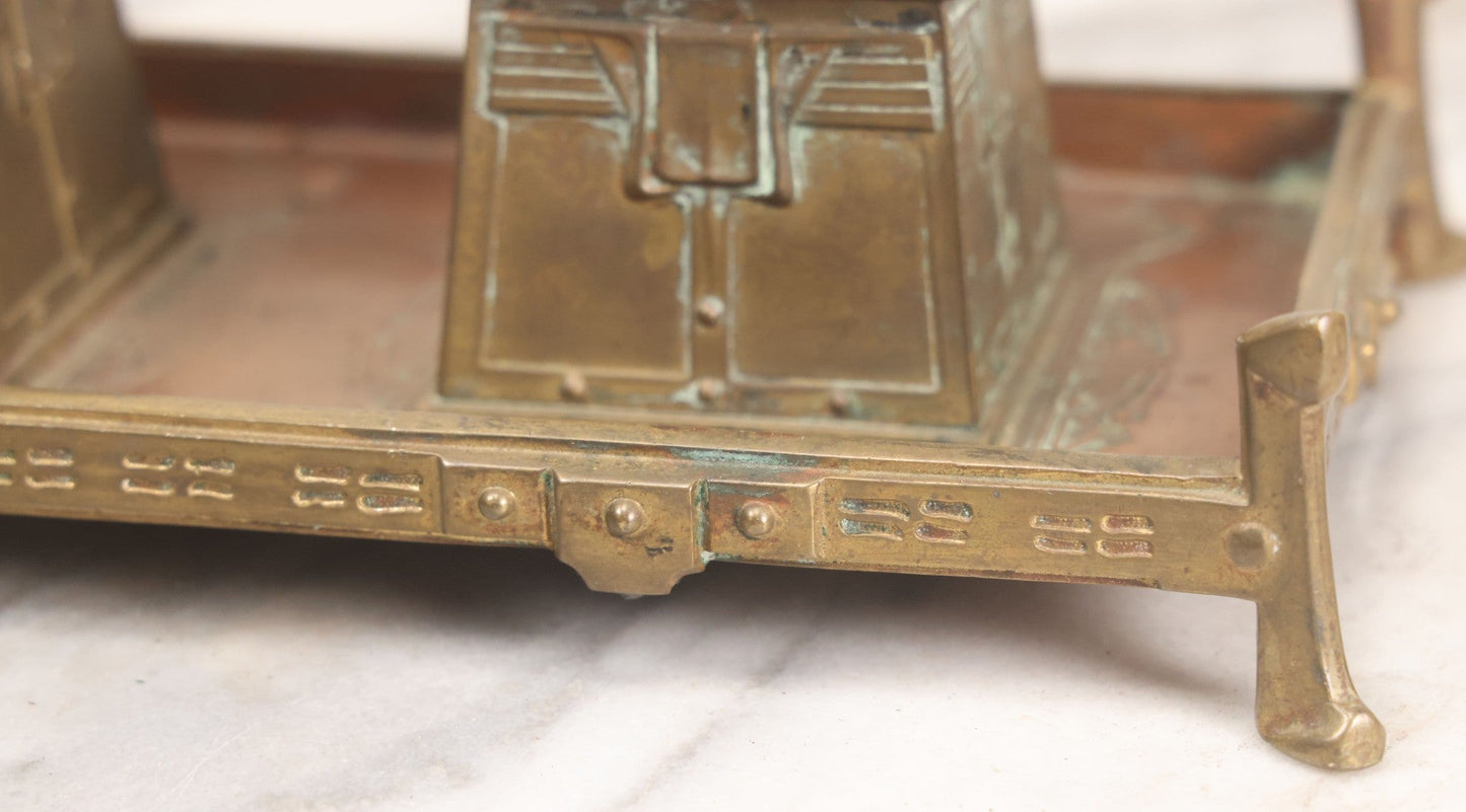Lot 016 - Antique Arts And Crafts Art Deco Brass And Copper Double Inkwell With Hinged Lids, One Glass Insert, And Natural Patina 