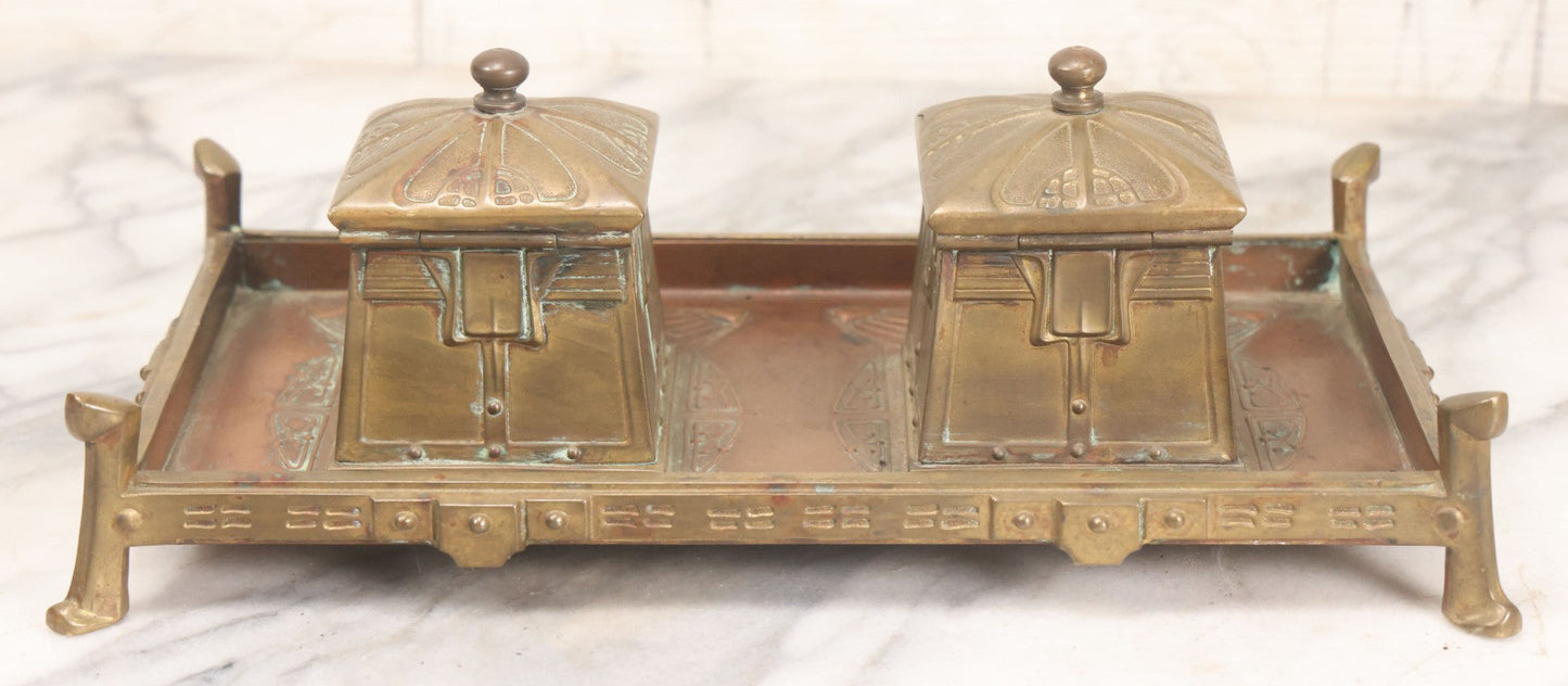 Lot 016 - Antique Arts And Crafts Art Deco Brass And Copper Double Inkwell With Hinged Lids, One Glass Insert, And Natural Patina 
