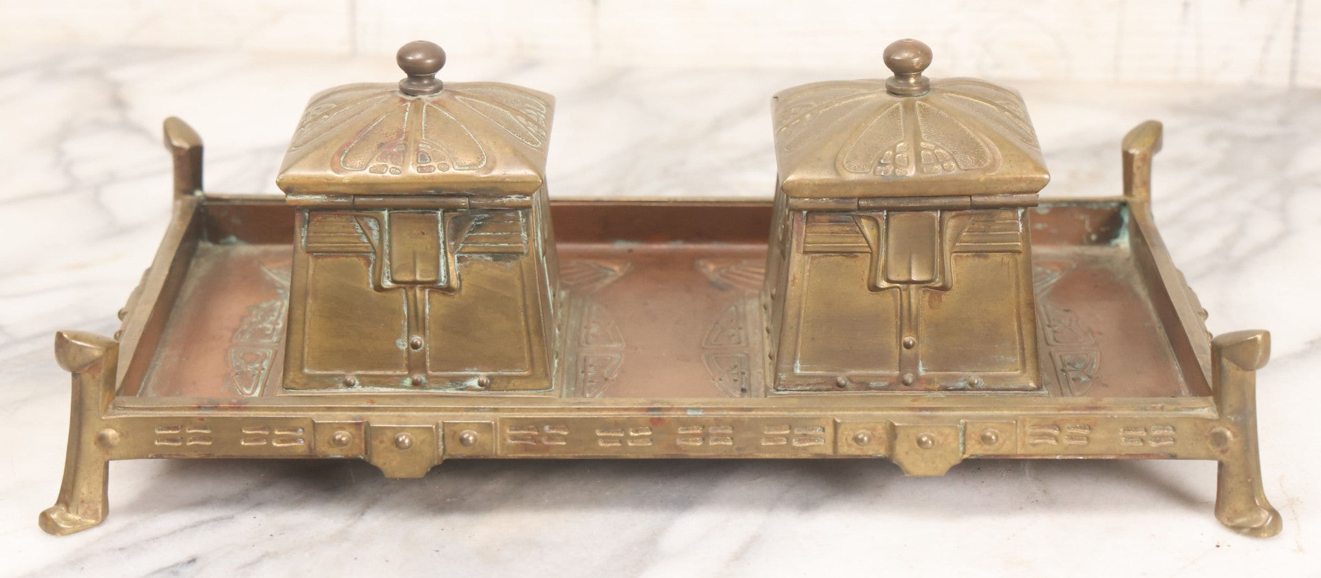 Lot 016 - Antique Arts And Crafts Art Deco Brass And Copper Double Inkwell With Hinged Lids, One Glass Insert, And Natural Patina 