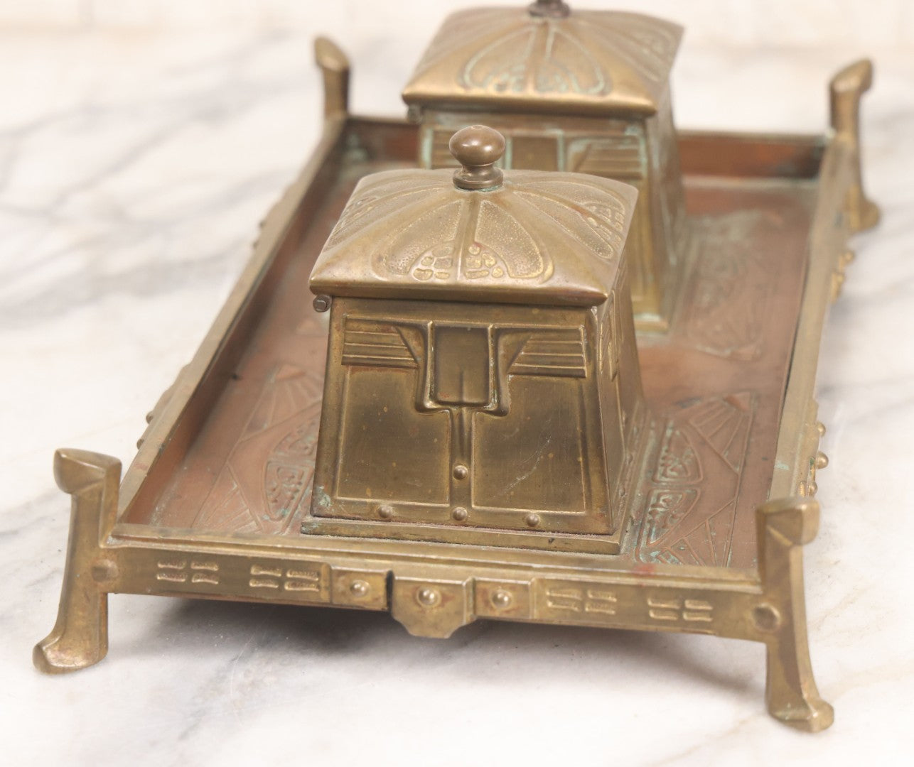 Lot 016 - Antique Arts And Crafts Art Deco Brass And Copper Double Inkwell With Hinged Lids, One Glass Insert, And Natural Patina 