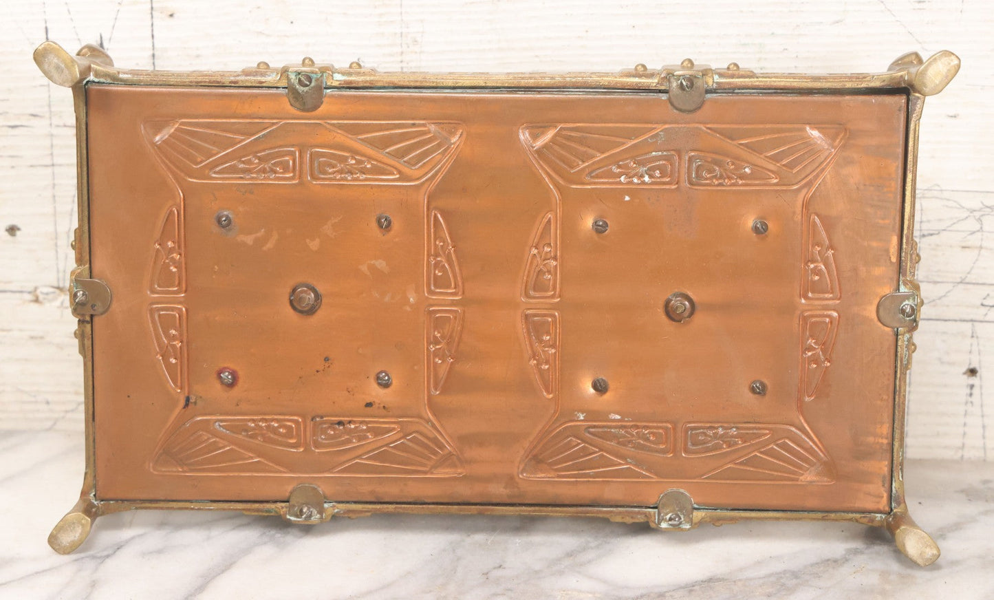 Lot 016 - Antique Arts And Crafts Art Deco Brass And Copper Double Inkwell With Hinged Lids, One Glass Insert, And Natural Patina 