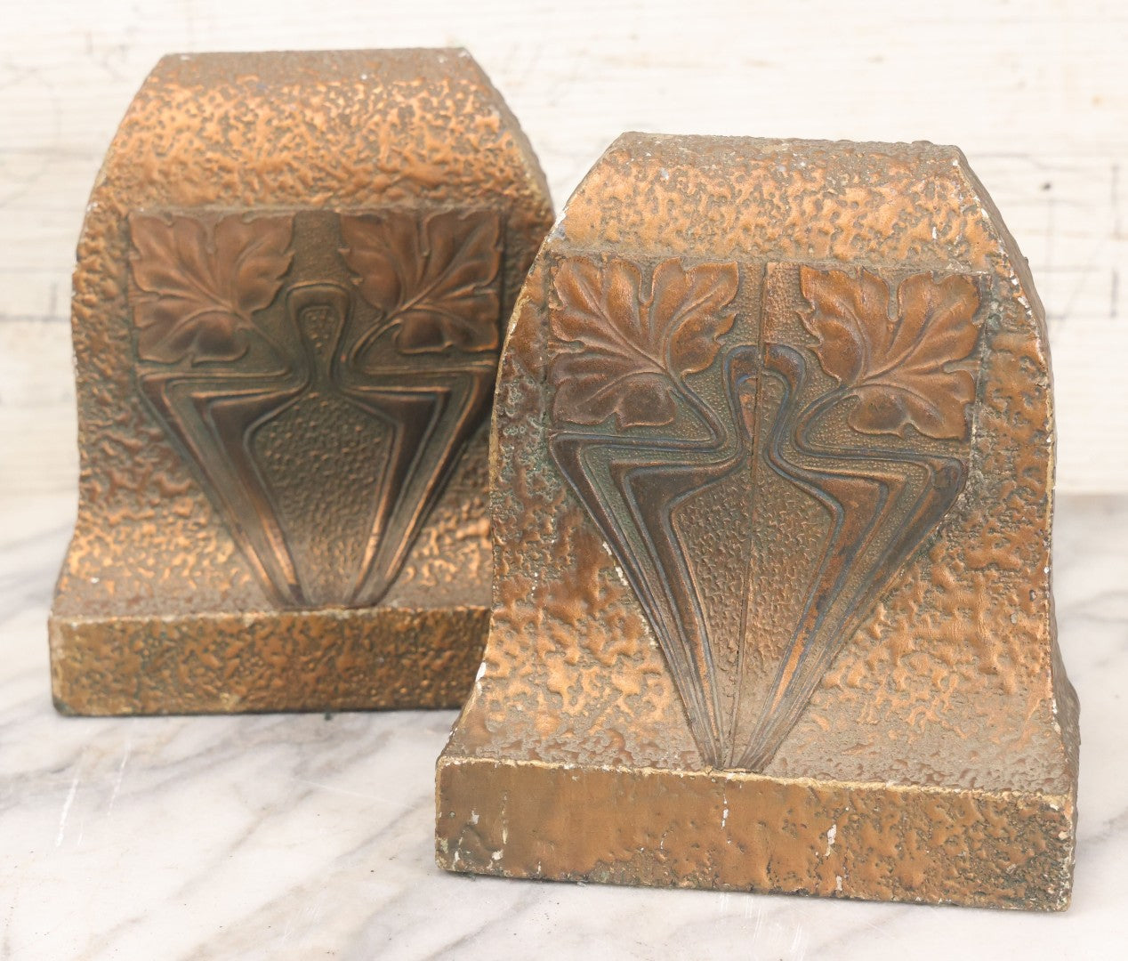 Lot 017 - Pair Of Antique Art And Crafts Art Nouveau Plaster Bookends With Leaf Design, Patinated Bronze Paint And Felt Bottom And Backing 