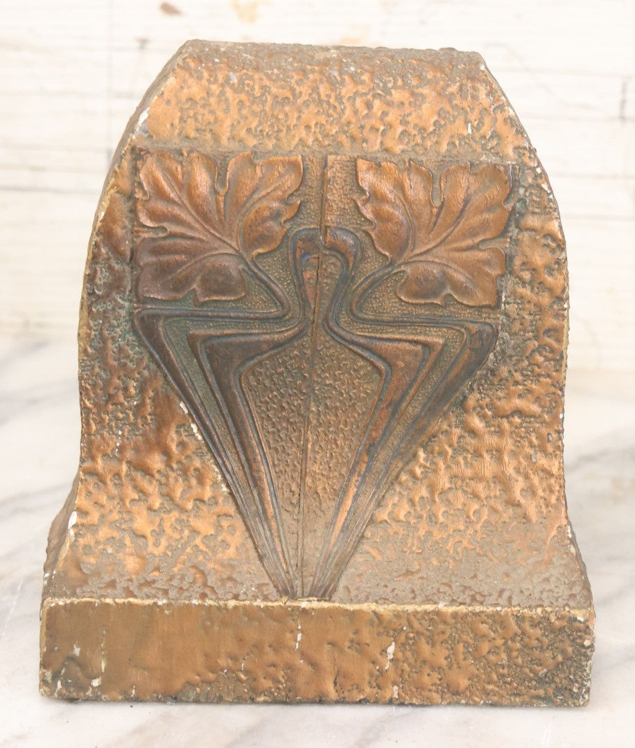 Lot 017 - Pair Of Antique Art And Crafts Art Nouveau Plaster Bookends With Leaf Design, Patinated Bronze Paint And Felt Bottom And Backing 