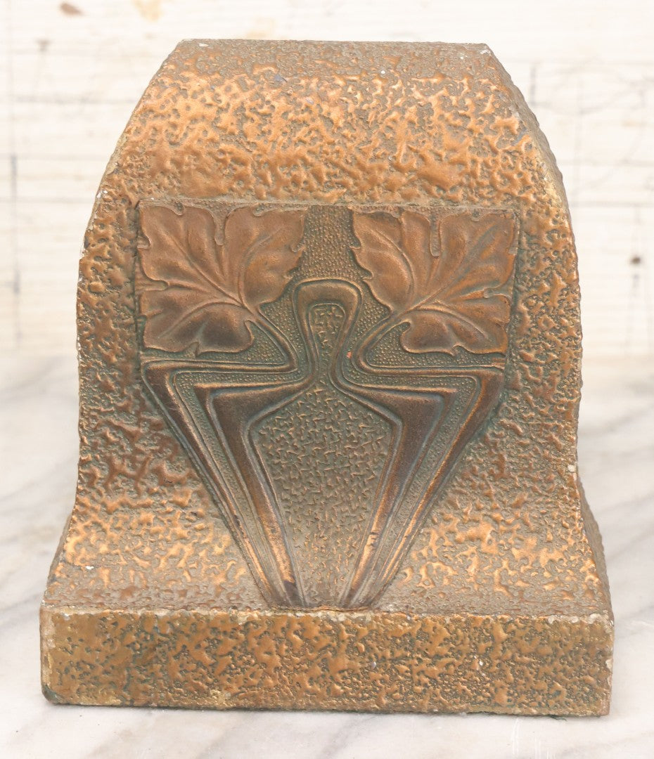 Lot 017 - Pair Of Antique Art And Crafts Art Nouveau Plaster Bookends With Leaf Design, Patinated Bronze Paint And Felt Bottom And Backing 