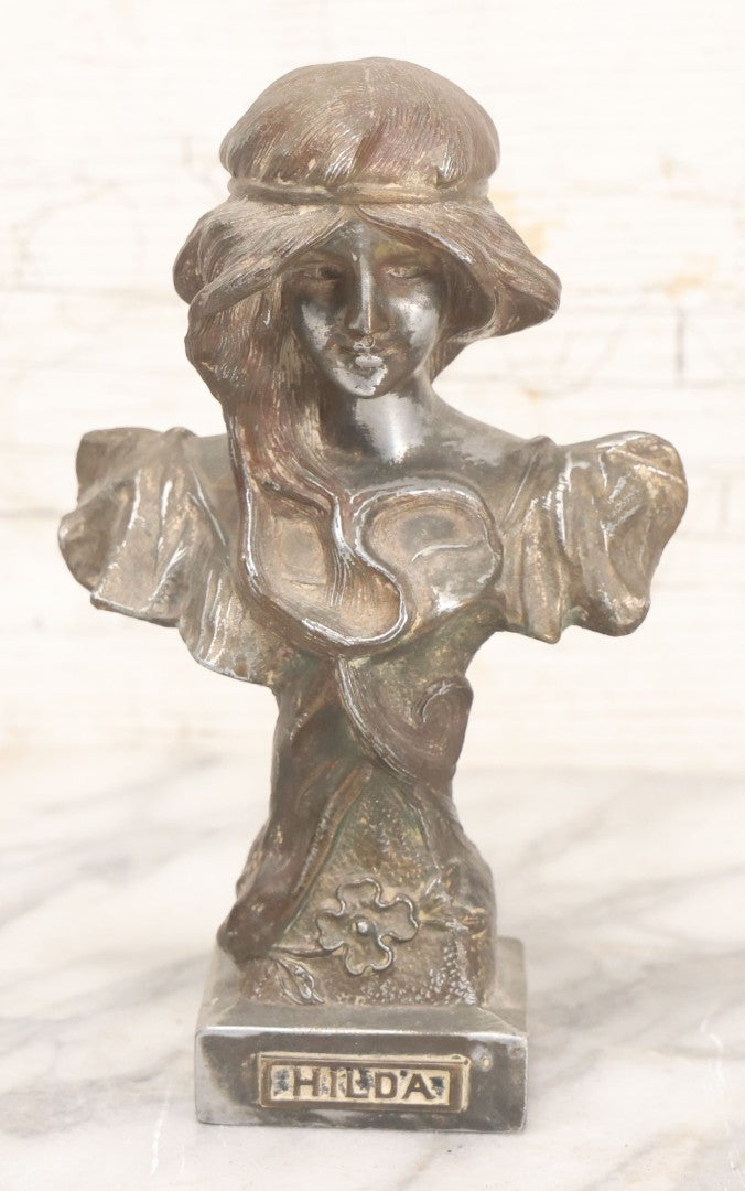 Lot 018 - Antique Pot Metal Art Nouveau Hilda Woman Bust With Floral Embellishments And Original Patina, 6-7/8" Height