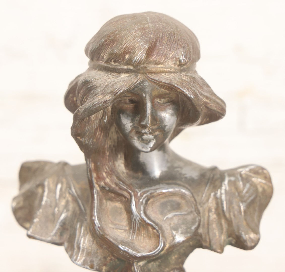 Lot 018 - Antique Pot Metal Art Nouveau Hilda Woman Bust With Floral Embellishments And Original Patina, 6-7/8" Height