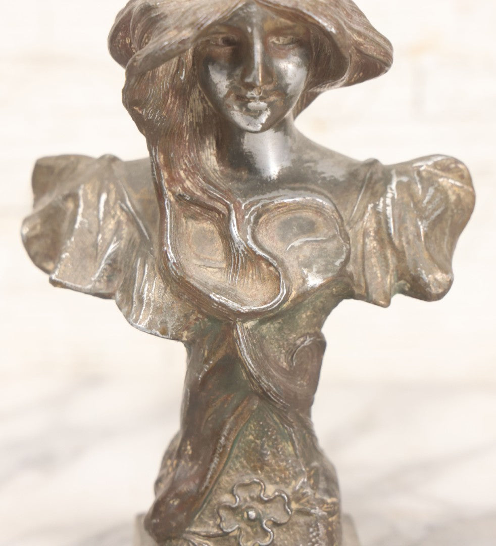 Lot 018 - Antique Pot Metal Art Nouveau Hilda Woman Bust With Floral Embellishments And Original Patina, 6-7/8" Height
