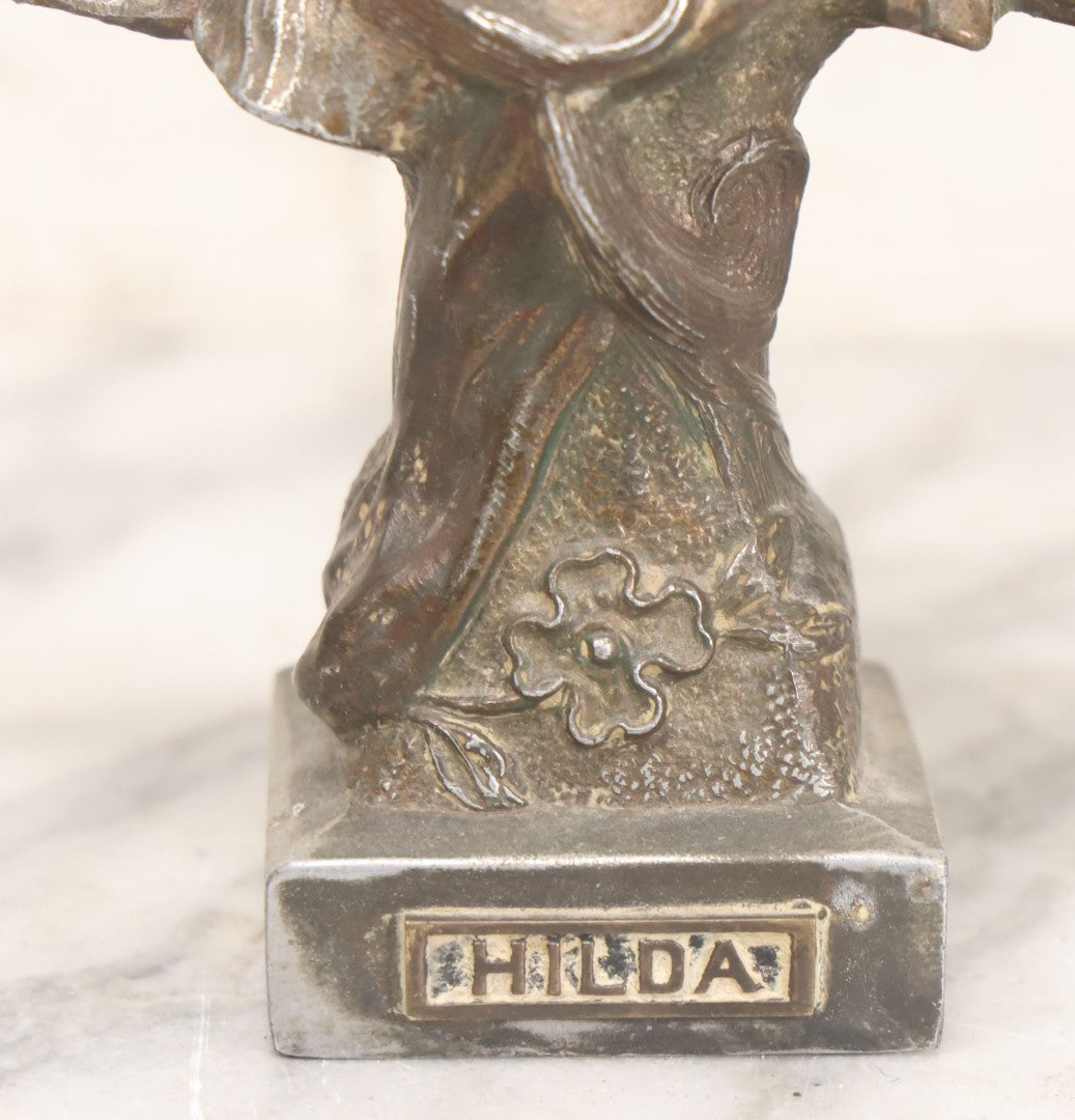Lot 018 - Antique Pot Metal Art Nouveau Hilda Woman Bust With Floral Embellishments And Original Patina, 6-7/8" Height