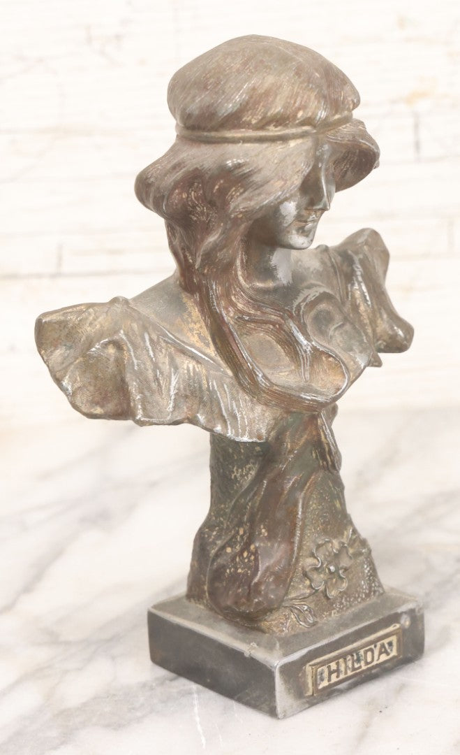 Lot 018 - Antique Pot Metal Art Nouveau Hilda Woman Bust With Floral Embellishments And Original Patina, 6-7/8" Height