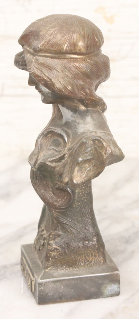 Lot 018 - Antique Pot Metal Art Nouveau Hilda Woman Bust With Floral Embellishments And Original Patina, 6-7/8" Height