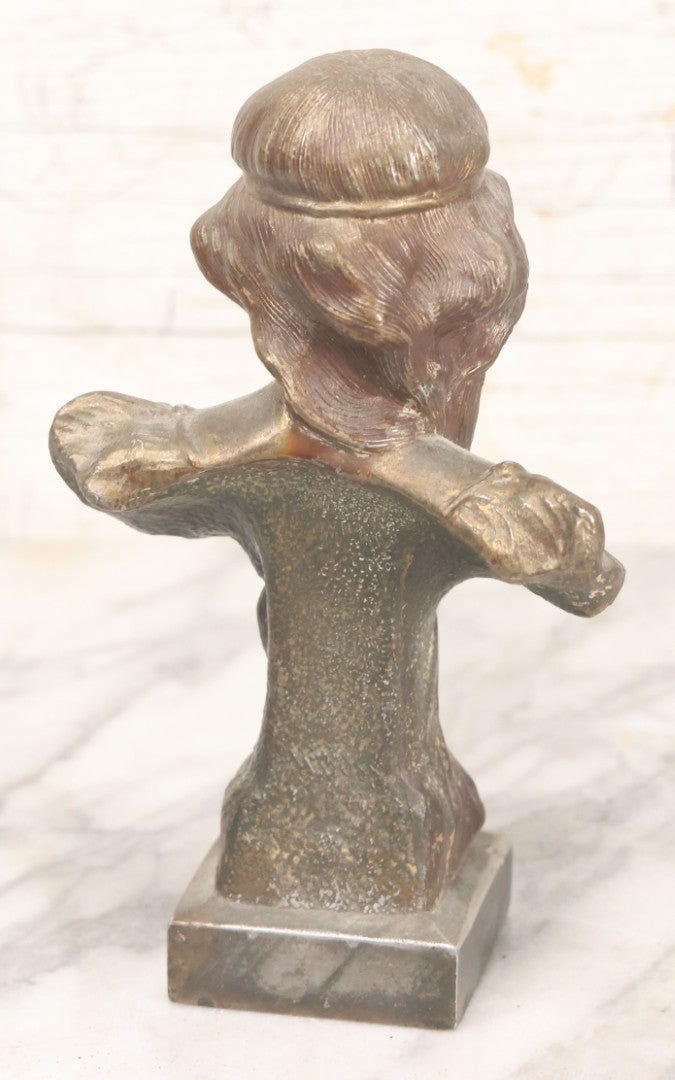 Lot 018 - Antique Pot Metal Art Nouveau Hilda Woman Bust With Floral Embellishments And Original Patina, 6-7/8" Height