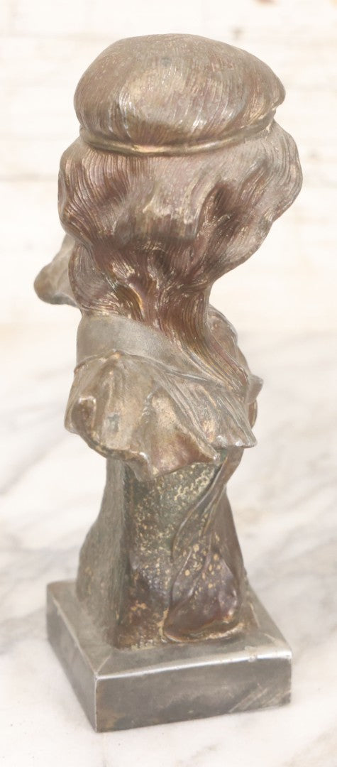 Lot 018 - Antique Pot Metal Art Nouveau Hilda Woman Bust With Floral Embellishments And Original Patina, 6-7/8" Height