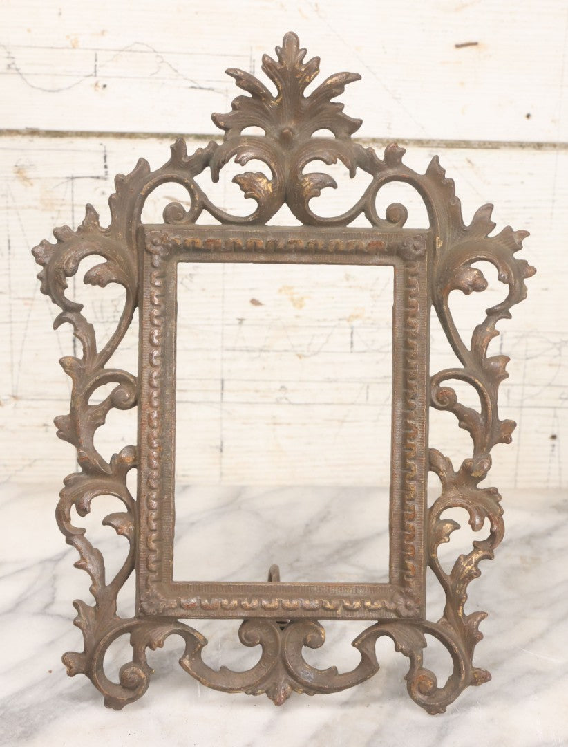 Lot 019 - Antique Ornate Gold Painted Cast Metal Rococco Style Frame With Folding Stand