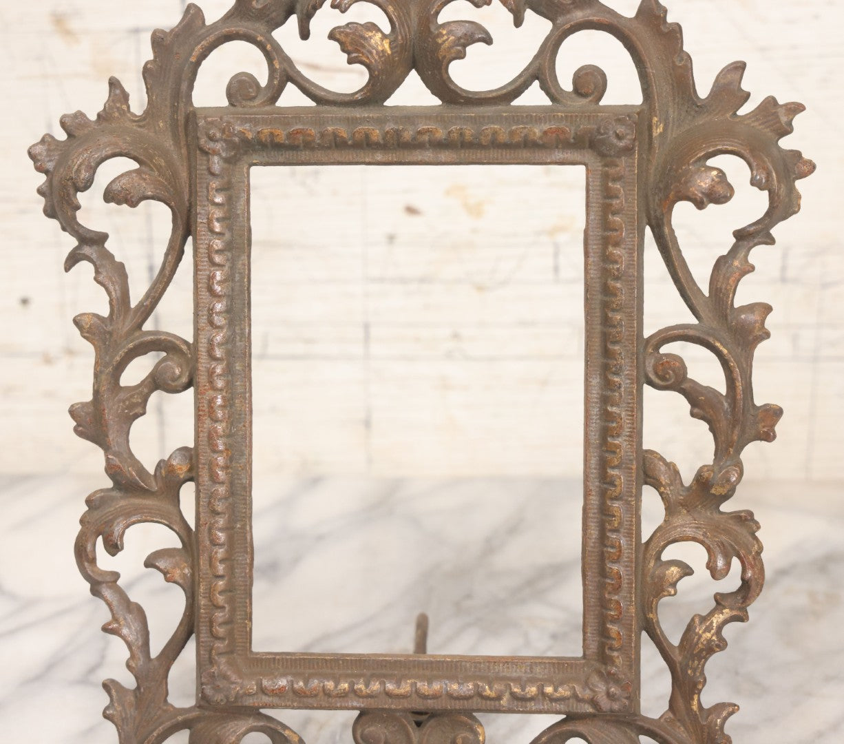 Lot 019 - Antique Ornate Gold Painted Cast Metal Rococco Style Frame With Folding Stand