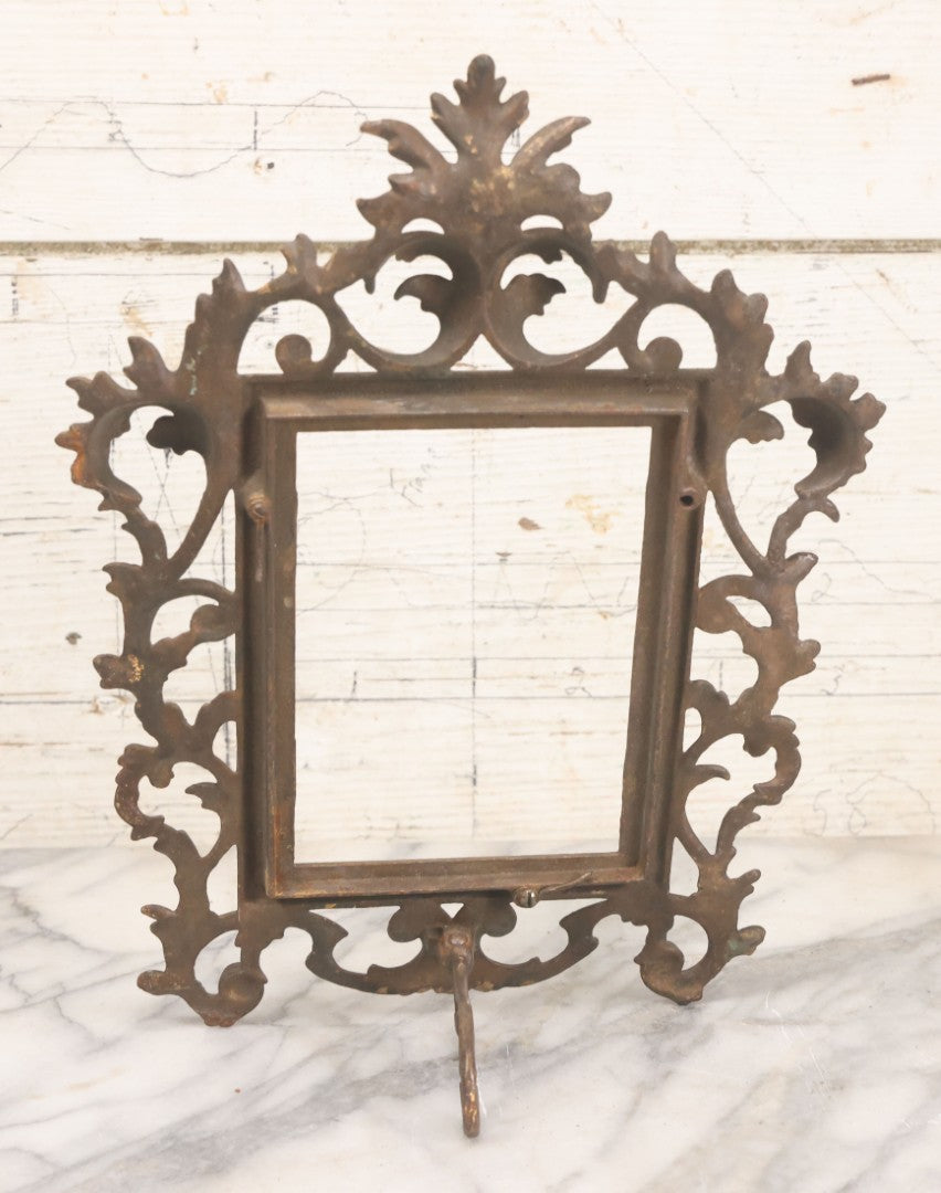 Lot 019 - Antique Ornate Gold Painted Cast Metal Rococco Style Frame With Folding Stand