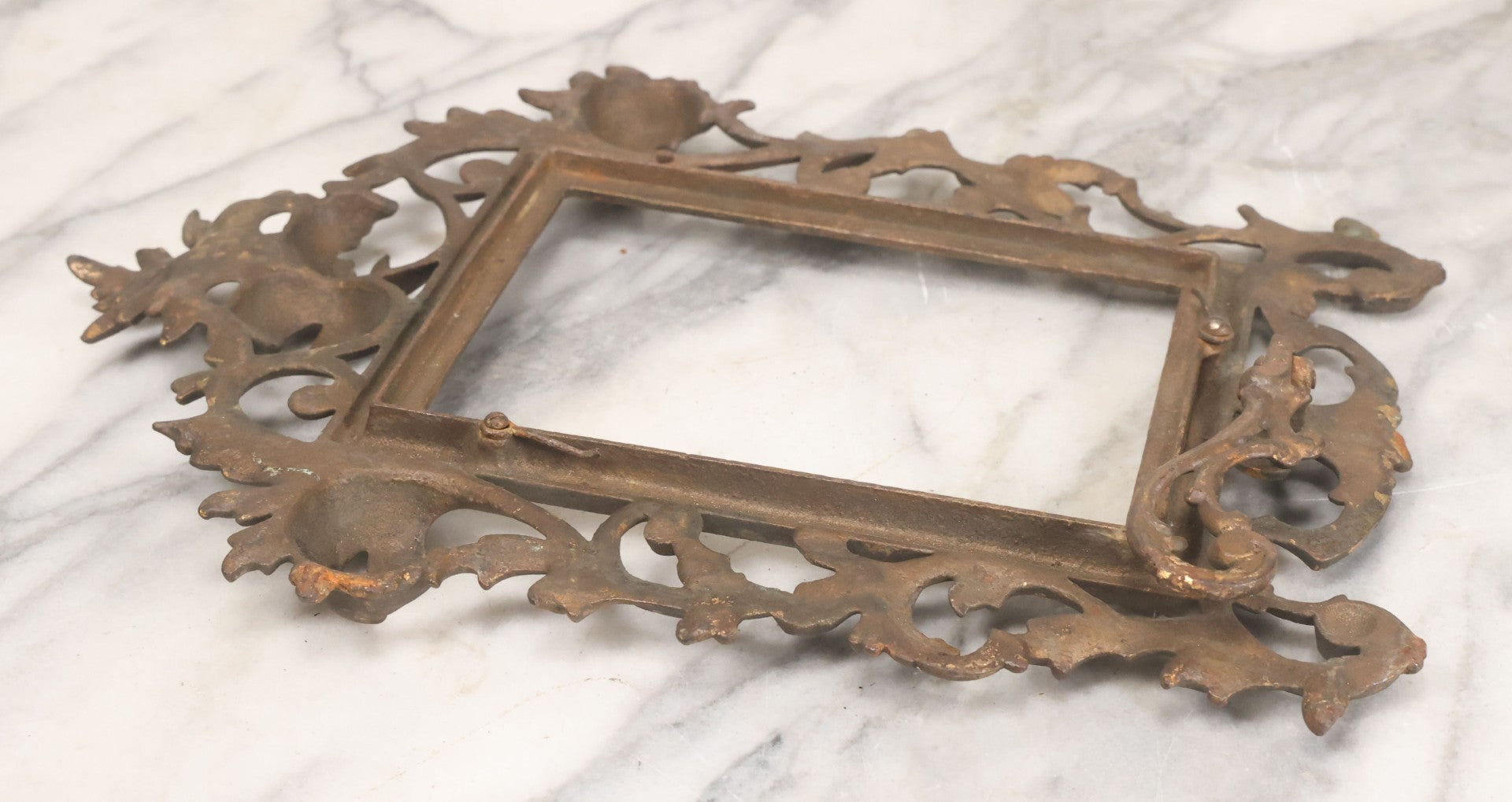 Lot 019 - Antique Ornate Gold Painted Cast Metal Rococco Style Frame With Folding Stand