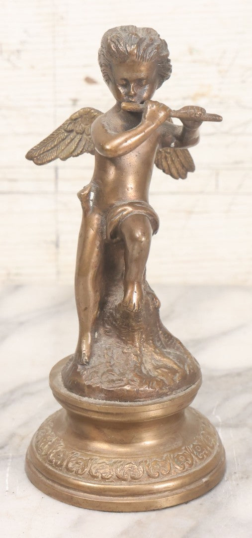 Lot 020 - Vintage Cast Brass Cherub Angel Statue Playing Flute On Base With Felt Bottom, 7-5/8" Height