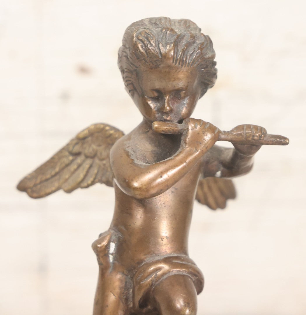 Lot 020 - Vintage Cast Brass Cherub Angel Statue Playing Flute On Base With Felt Bottom, 7-5/8" Height
