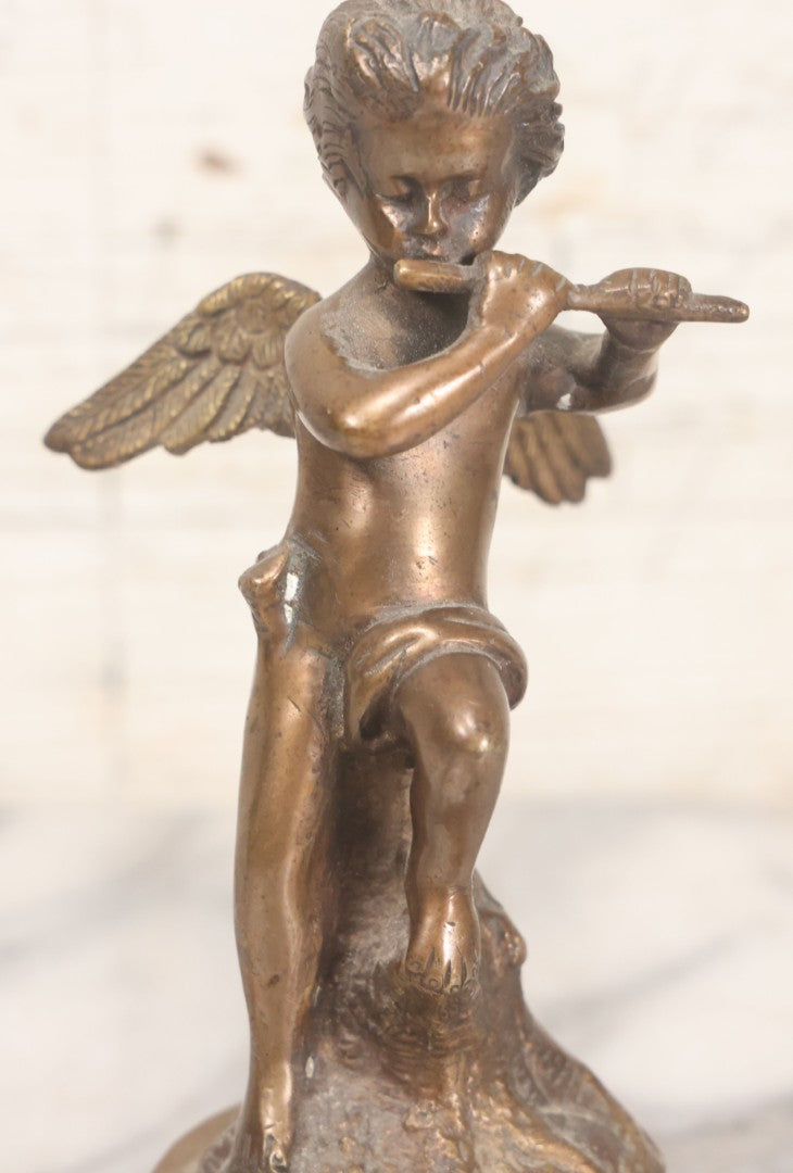 Lot 020 - Vintage Cast Brass Cherub Angel Statue Playing Flute On Base With Felt Bottom, 7-5/8" Height