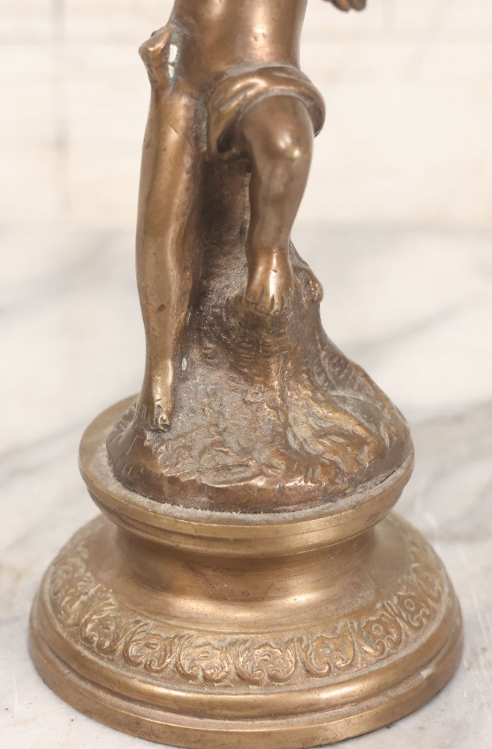 Lot 020 - Vintage Cast Brass Cherub Angel Statue Playing Flute On Base With Felt Bottom, 7-5/8" Height