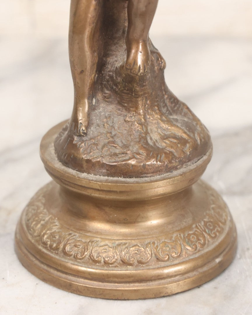 Lot 020 - Vintage Cast Brass Cherub Angel Statue Playing Flute On Base With Felt Bottom, 7-5/8" Height