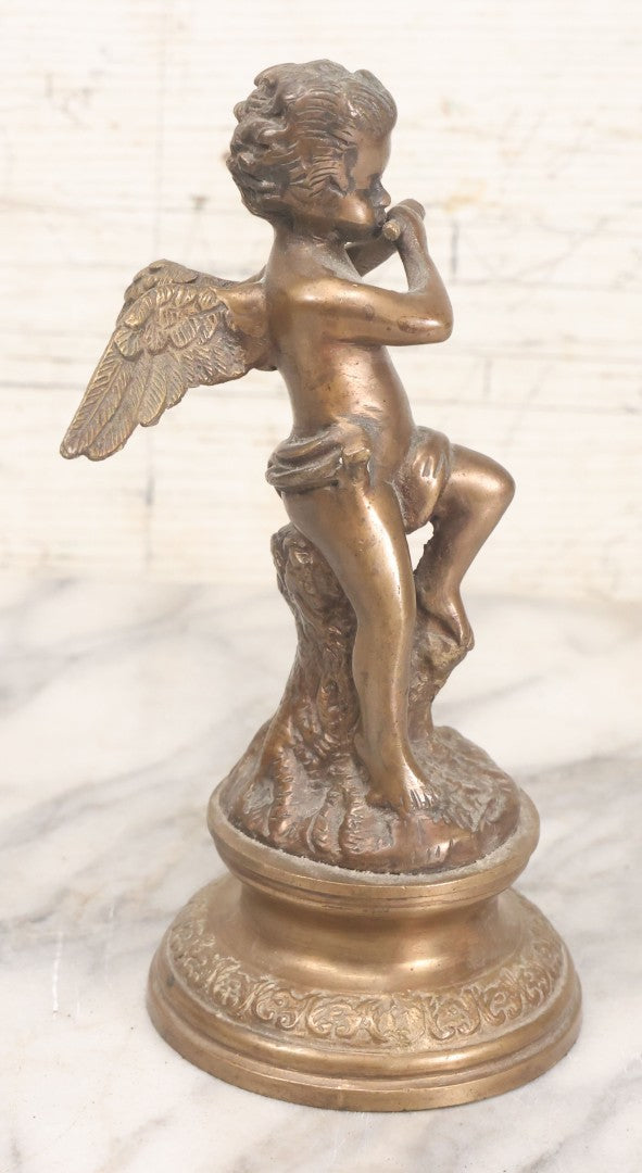 Lot 020 - Vintage Cast Brass Cherub Angel Statue Playing Flute On Base With Felt Bottom, 7-5/8" Height