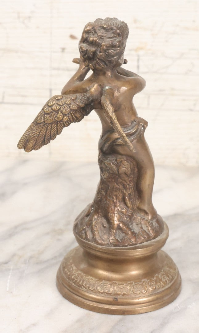 Lot 020 - Vintage Cast Brass Cherub Angel Statue Playing Flute On Base With Felt Bottom, 7-5/8" Height