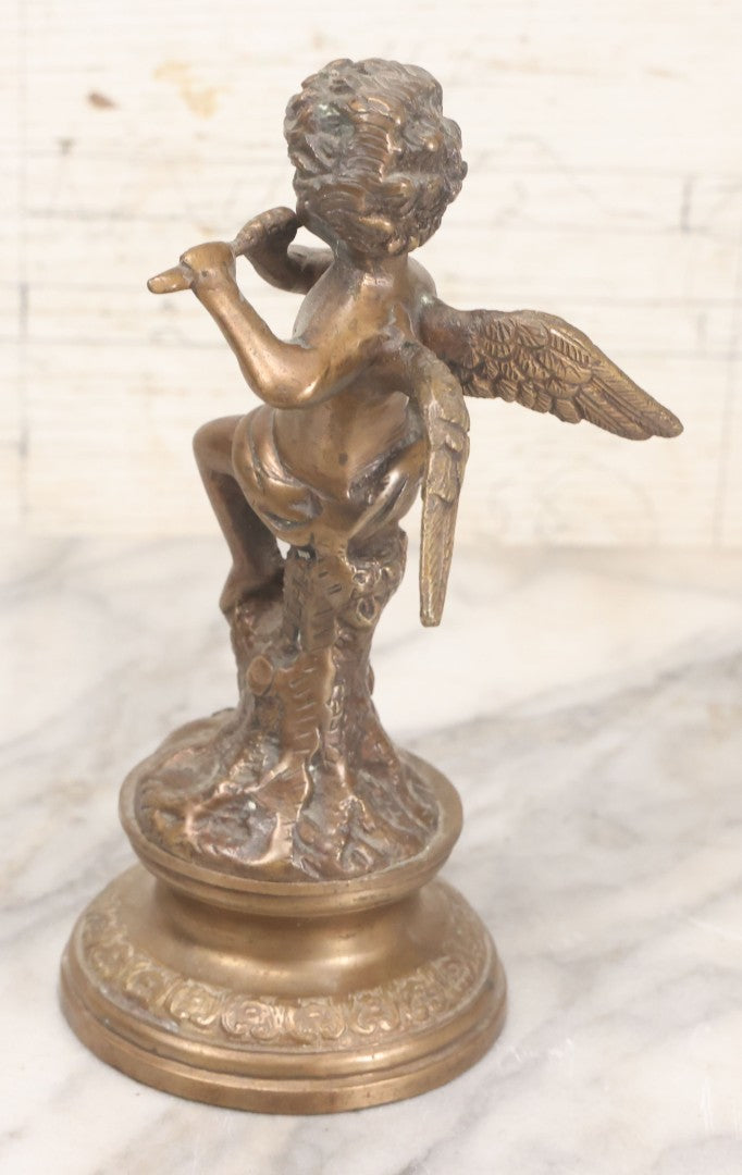 Lot 020 - Vintage Cast Brass Cherub Angel Statue Playing Flute On Base With Felt Bottom, 7-5/8" Height