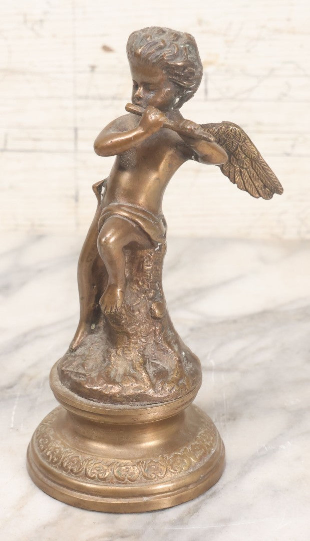 Lot 020 - Vintage Cast Brass Cherub Angel Statue Playing Flute On Base With Felt Bottom, 7-5/8" Height