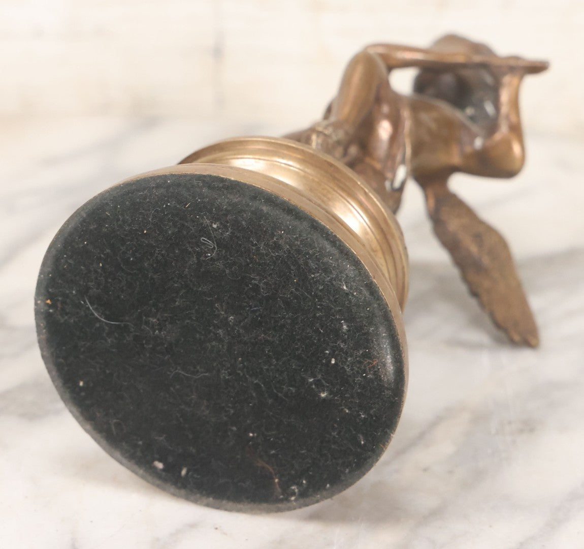 Lot 020 - Vintage Cast Brass Cherub Angel Statue Playing Flute On Base With Felt Bottom, 7-5/8" Height