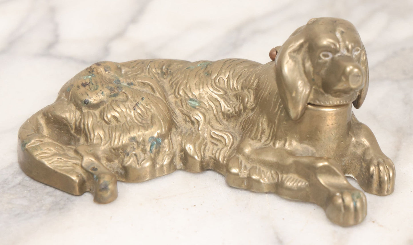 Lot 021 - Vintage Cast Brass Figural Dog Inkwell With Hinged Head Lid 