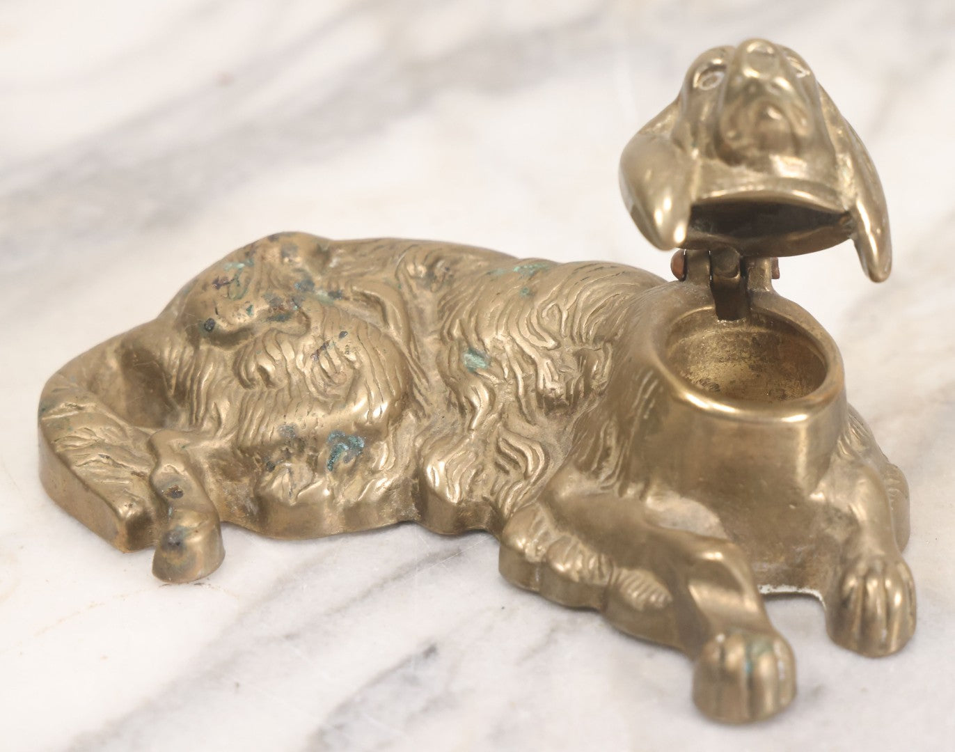Lot 021 - Vintage Cast Brass Figural Dog Inkwell With Hinged Head Lid 