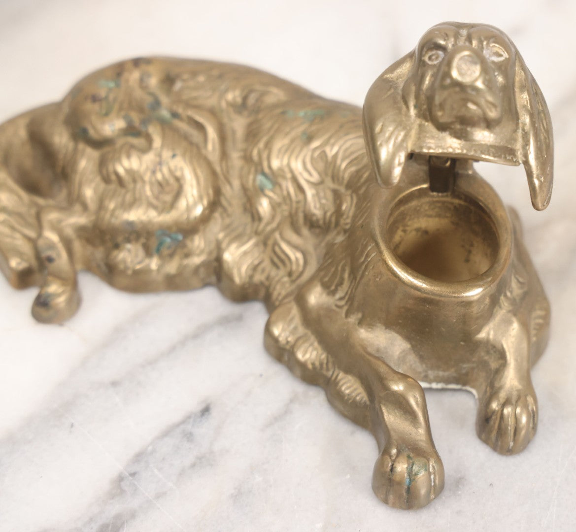 Lot 021 - Vintage Cast Brass Figural Dog Inkwell With Hinged Head Lid 