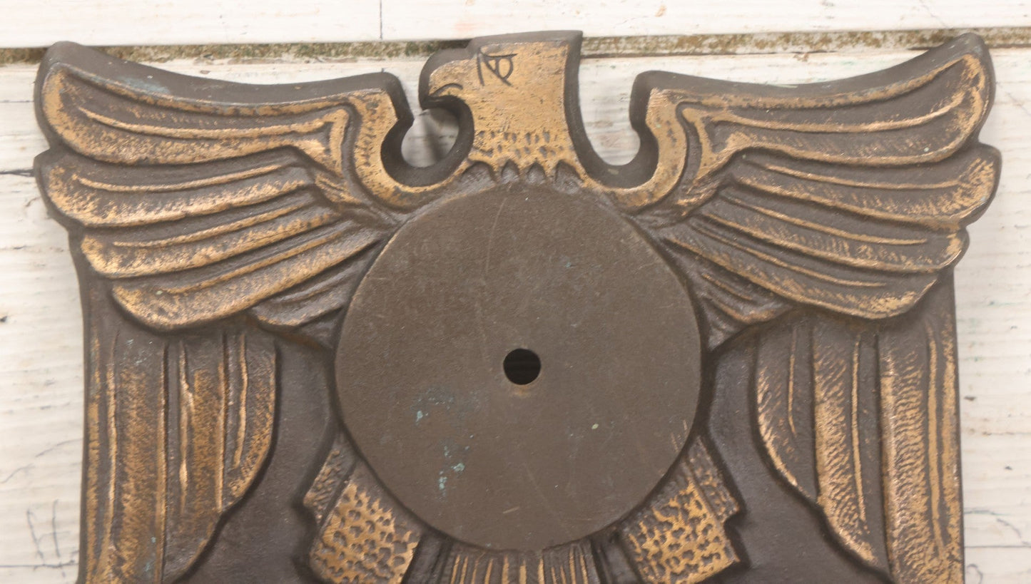 Lot 022 - Vintage Cast Bronze Americana Federal Eagle With Winged Shield Plaque Fragment, Possibly A Clock Face, With Three Threaded Mounting Holes On Verso, Circa 1930s, 8" x 8-5/8"