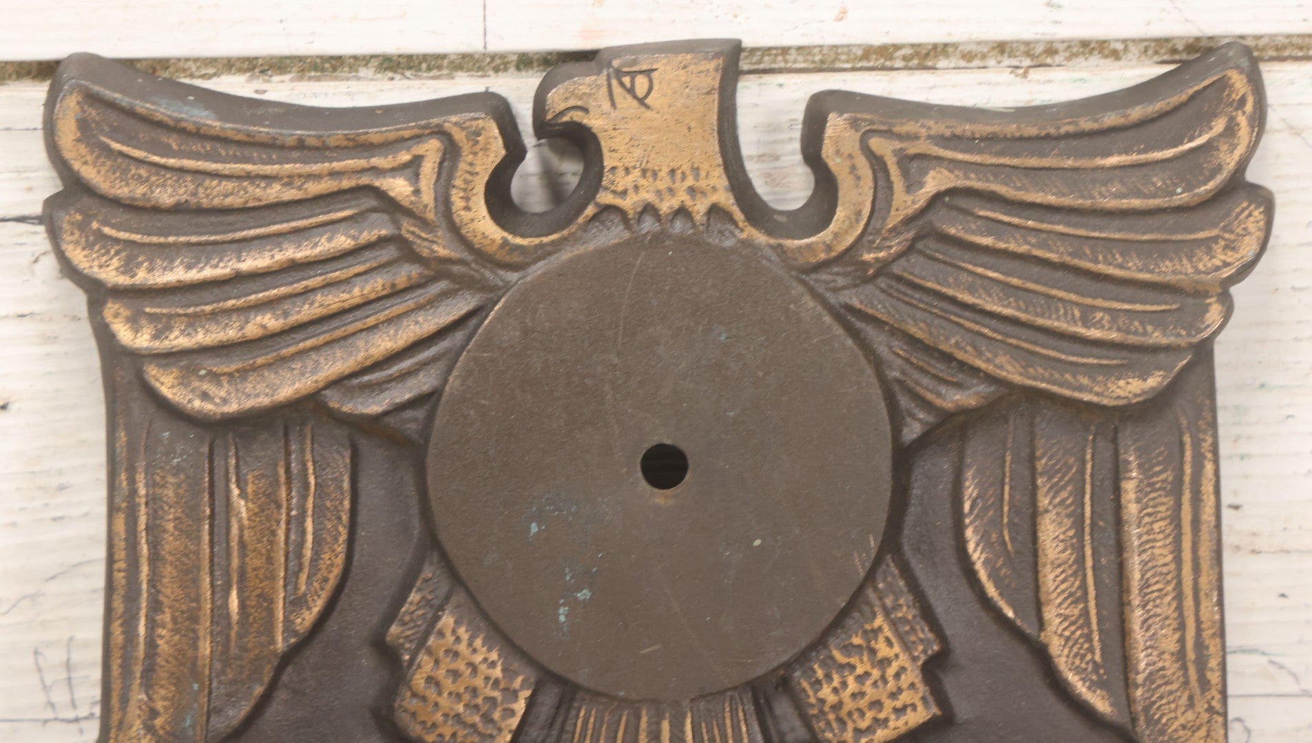 Lot 022 - Vintage Cast Bronze Americana Federal Eagle With Winged Shield Plaque Fragment, Possibly A Clock Face, With Three Threaded Mounting Holes On Verso, Circa 1930s, 8" x 8-5/8"