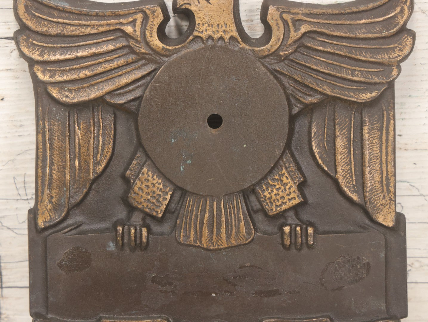 Lot 022 - Vintage Cast Bronze Americana Federal Eagle With Winged Shield Plaque Fragment, Possibly A Clock Face, With Three Threaded Mounting Holes On Verso, Circa 1930s, 8" x 8-5/8"