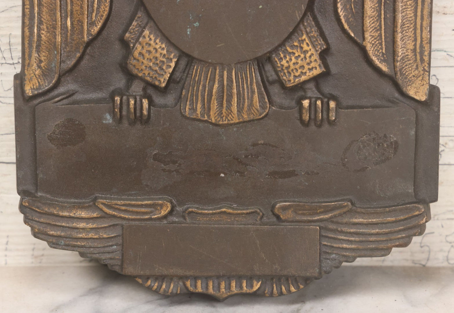 Lot 022 - Vintage Cast Bronze Americana Federal Eagle With Winged Shield Plaque Fragment, Possibly A Clock Face, With Three Threaded Mounting Holes On Verso, Circa 1930s, 8" x 8-5/8"