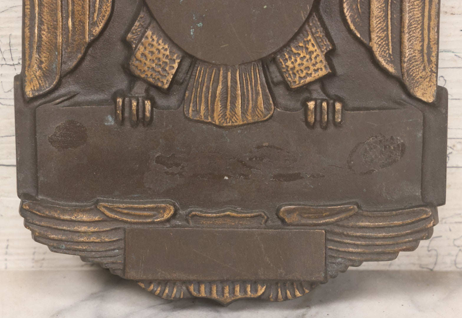 Lot 022 - Vintage Cast Bronze Americana Federal Eagle With Winged Shield Plaque Fragment, Possibly A Clock Face, With Three Threaded Mounting Holes On Verso, Circa 1930s, 8" x 8-5/8"