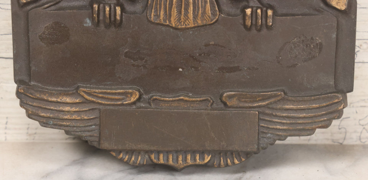 Lot 022 - Vintage Cast Bronze Americana Federal Eagle With Winged Shield Plaque Fragment, Possibly A Clock Face, With Three Threaded Mounting Holes On Verso, Circa 1930s, 8" x 8-5/8"