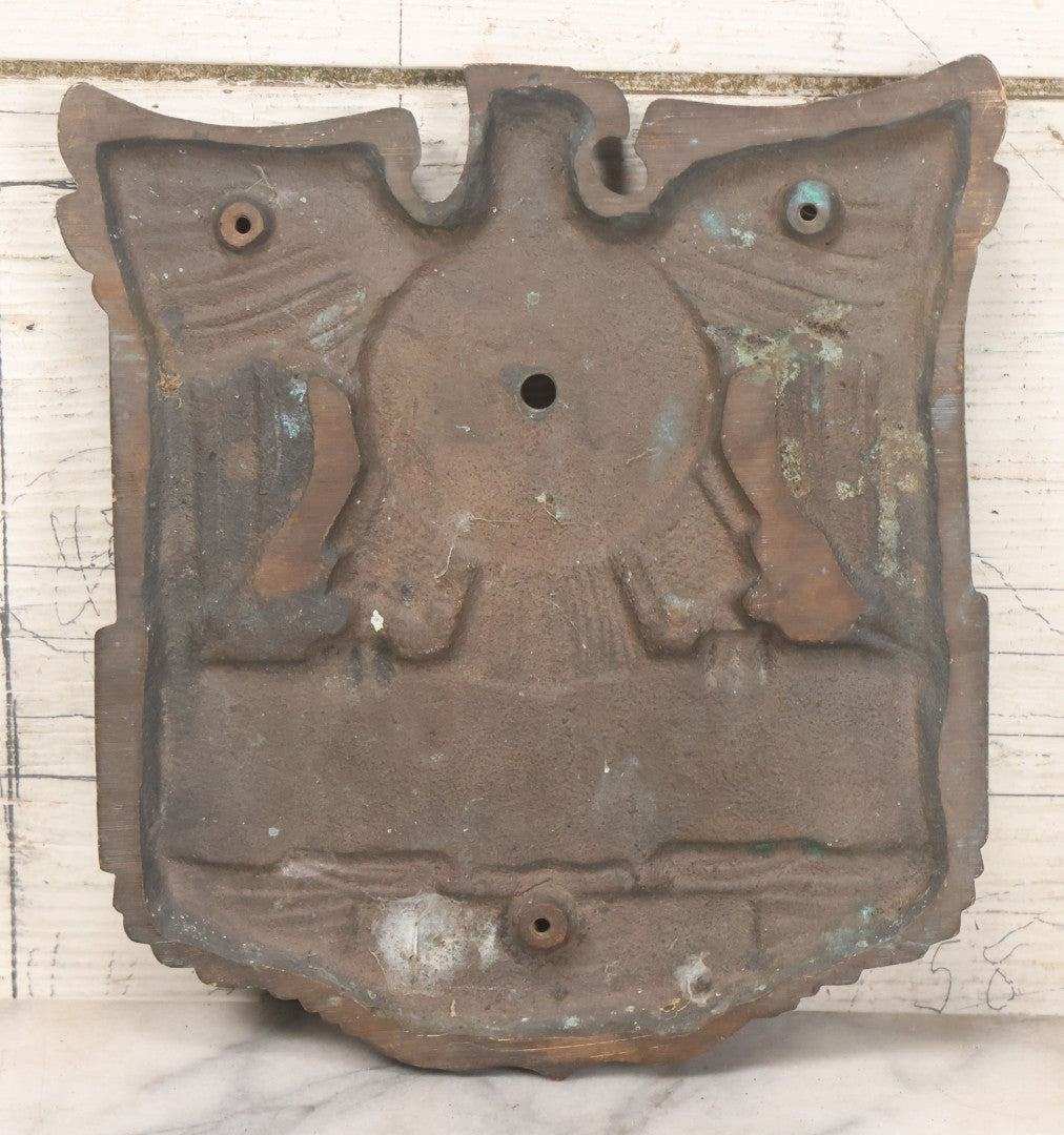 Lot 022 - Vintage Cast Bronze Americana Federal Eagle With Winged Shield Plaque Fragment, Possibly A Clock Face, With Three Threaded Mounting Holes On Verso, Circa 1930s, 8" x 8-5/8"