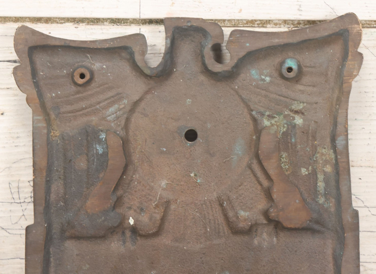 Lot 022 - Vintage Cast Bronze Americana Federal Eagle With Winged Shield Plaque Fragment, Possibly A Clock Face, With Three Threaded Mounting Holes On Verso, Circa 1930s, 8" x 8-5/8"