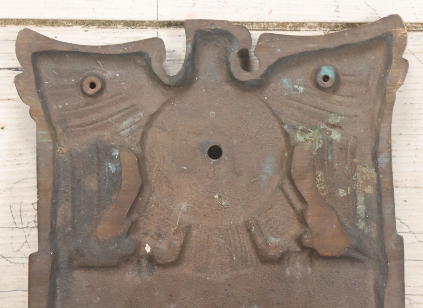 Lot 022 - Vintage Cast Bronze Americana Federal Eagle With Winged Shield Plaque Fragment, Possibly A Clock Face, With Three Threaded Mounting Holes On Verso, Circa 1930s, 8" x 8-5/8"